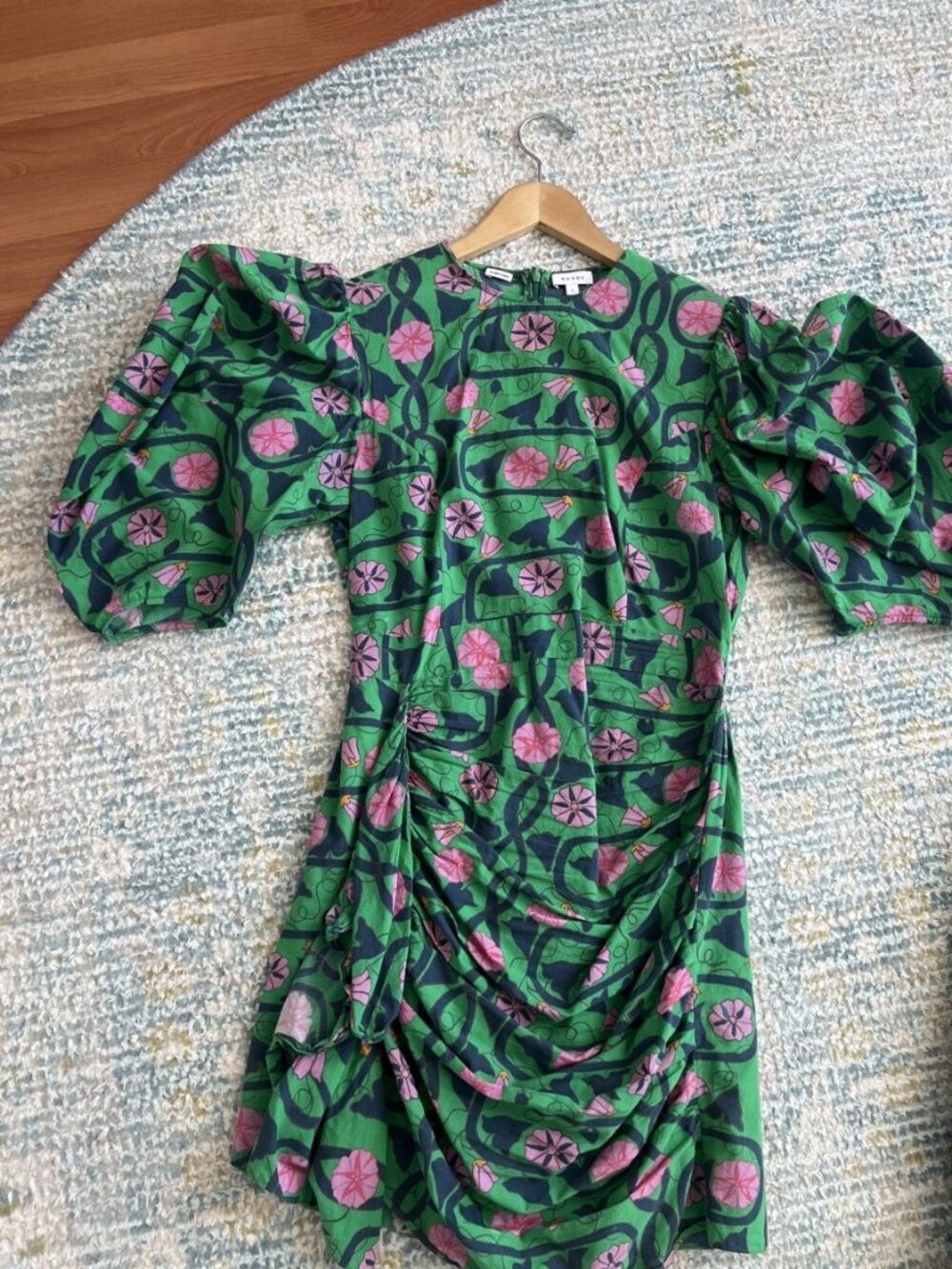 Rhode Pia Dress – Take It Easy Green Pink Floral Ruched Mini, Size S